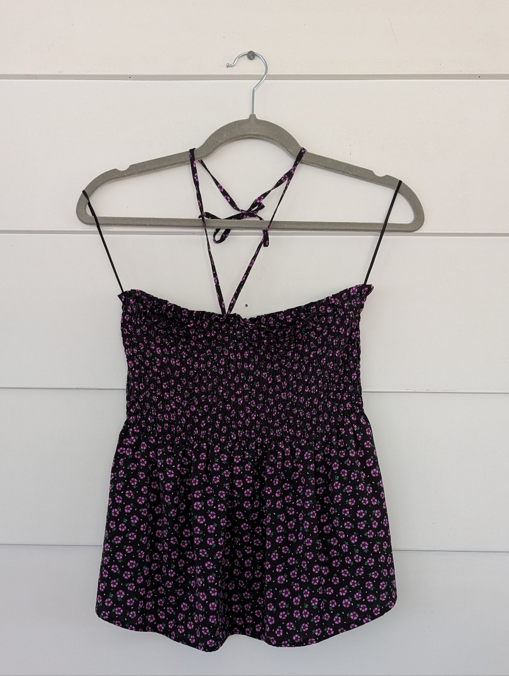 Express Black Smocked Adjustable Halter Cami with Purple Floral Print, M